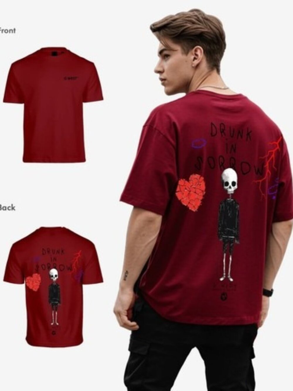 G WEST Drunk In Sorrow Mens Oversized T Shirt Red Size XL Graphic Streetwear